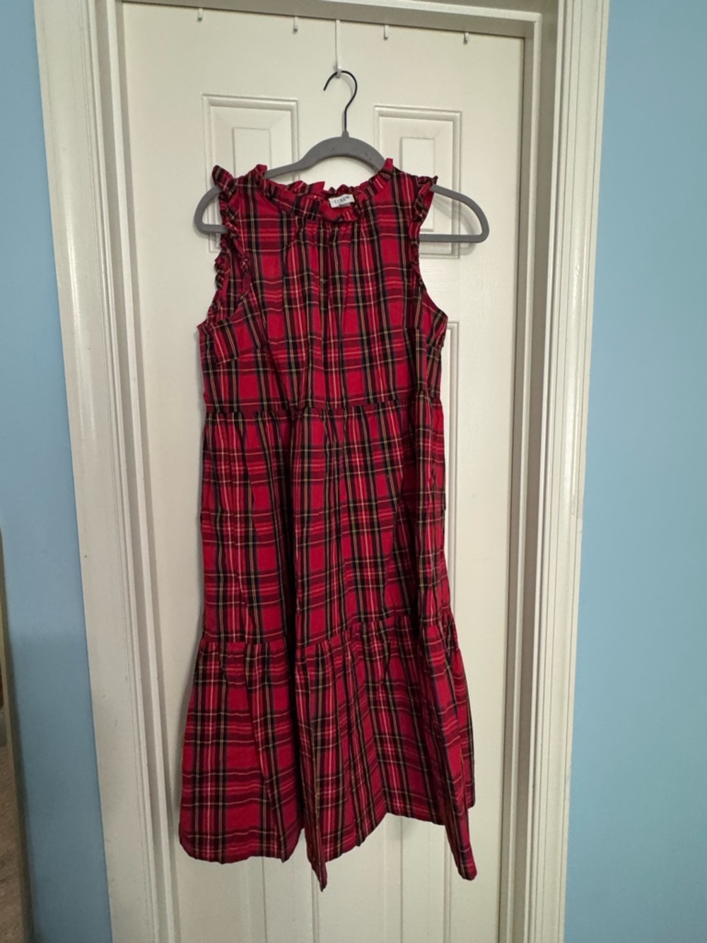 J. Crew Factory Red and Black Plaid Ruffle-Neck Sleeveless Dress